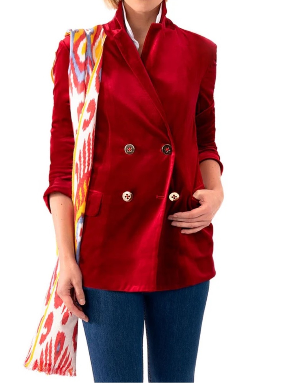 Gretchen Scott Designs Crimson Velvet Double-Breasted Blazer. Size XL.